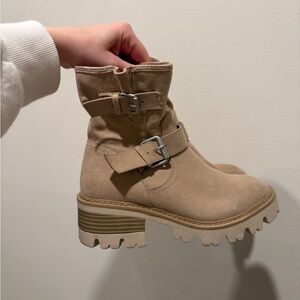 Beige Suede Moto Ankle Boots Lug Sole Buckle Chunky Heel Size 6.5